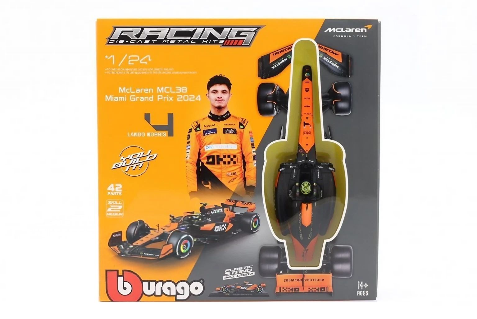 Bburago Racing F1 Miami Grand Prix 2024 McLaren MCL38 #4 Lando Norris Die-cast Metal Kit (1:24, 42 Parts, Orange/Black), 14+ years