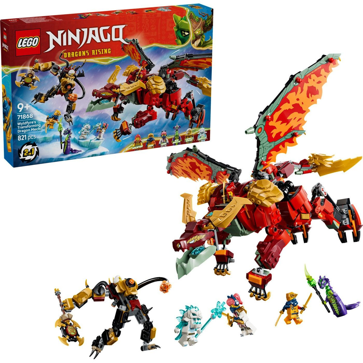 LEGO NINJAGO Wyldfyre's Transforming Dragon Mech Building Set, 821 Pieces, For Age 9+ Years