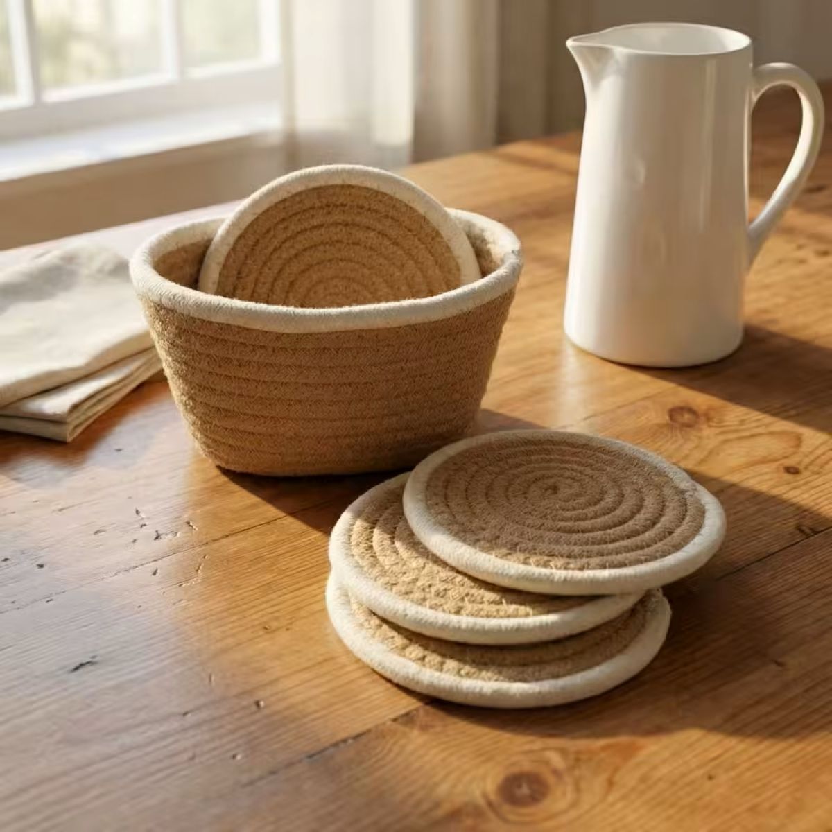 Woven Cotton Round Coaster Set of 4 with Storage Basket, Heat Resistant, 15 cm, Natural with Contrast Border (Beige/White)