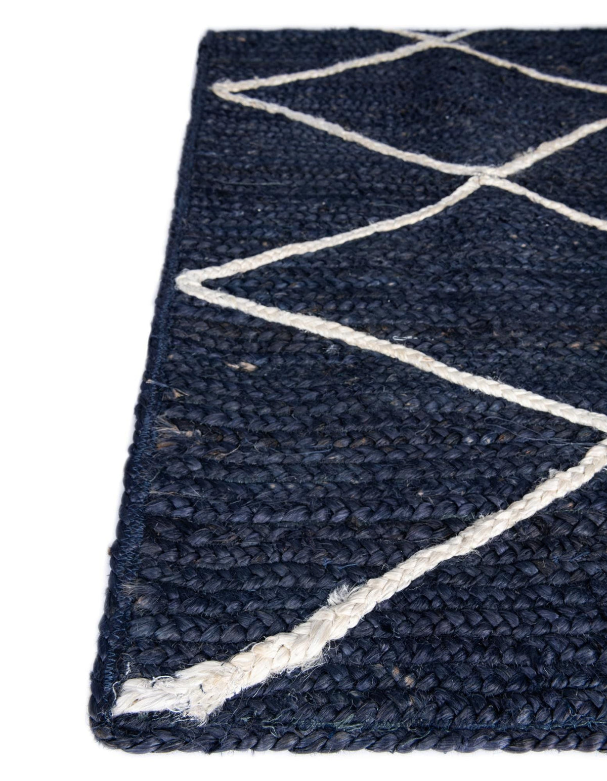 Blue Geometric Natural Jute Area Rug with White Diamond Pattern | Floor Carpet & Bedside Rug