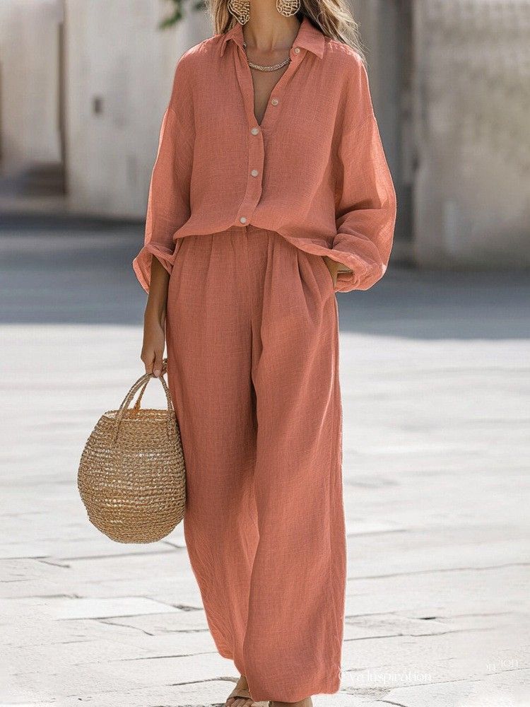 Women's Cotton Casual Lapel Shirt & Long Pants Set