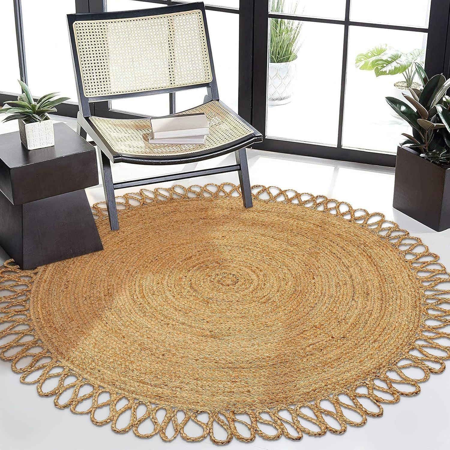 Natural Round Jute Rug with Loop Fringe | Handmade Eco-Friendly Area Rug