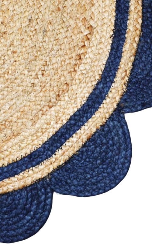 Handmade Natural Jute Round Area Rug with Blue Scalloped Border | Boho Coastal Floor Carpet for Living Room & Bedroom