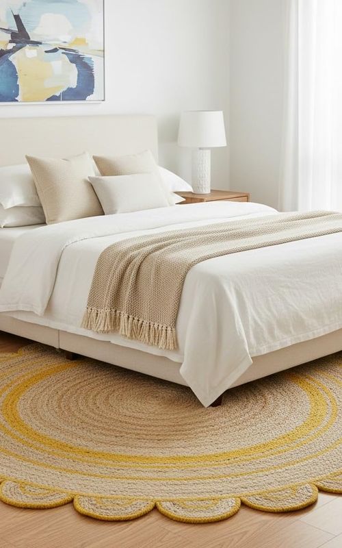 Handmade Round Jute Rug with Yellow Border | Scalloped Edge Area Rug