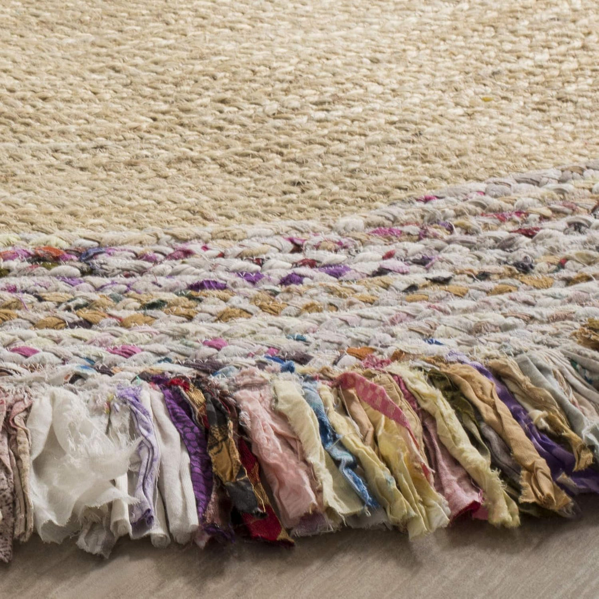 Handmade Round Jute Rug with Multicolor Fringe | Boho Natural Area Rug