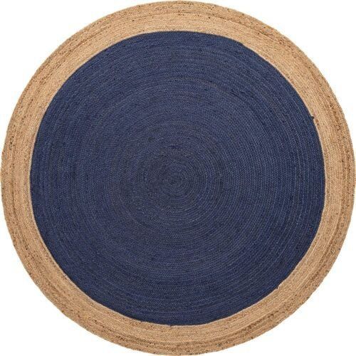 Round Jute Area Rug with Navy Blue Center & Natural Border | Handwoven Coastal Area Carpet