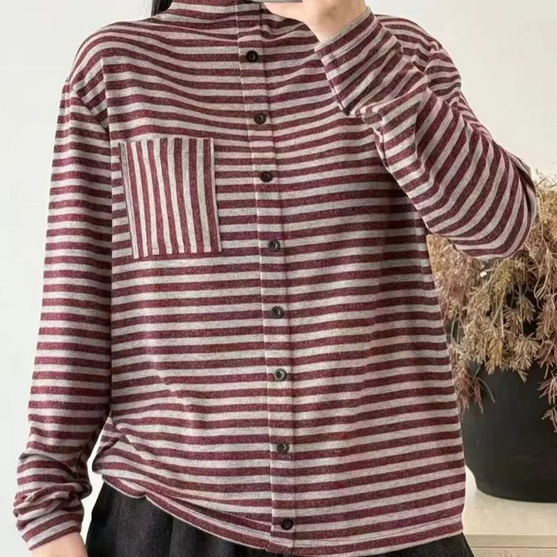 Striped Loose Fit Button Long Sleeve Base Shirt For Women