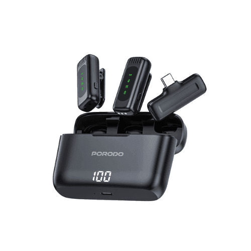PORODO- lavalier double microphone with charging case-Black