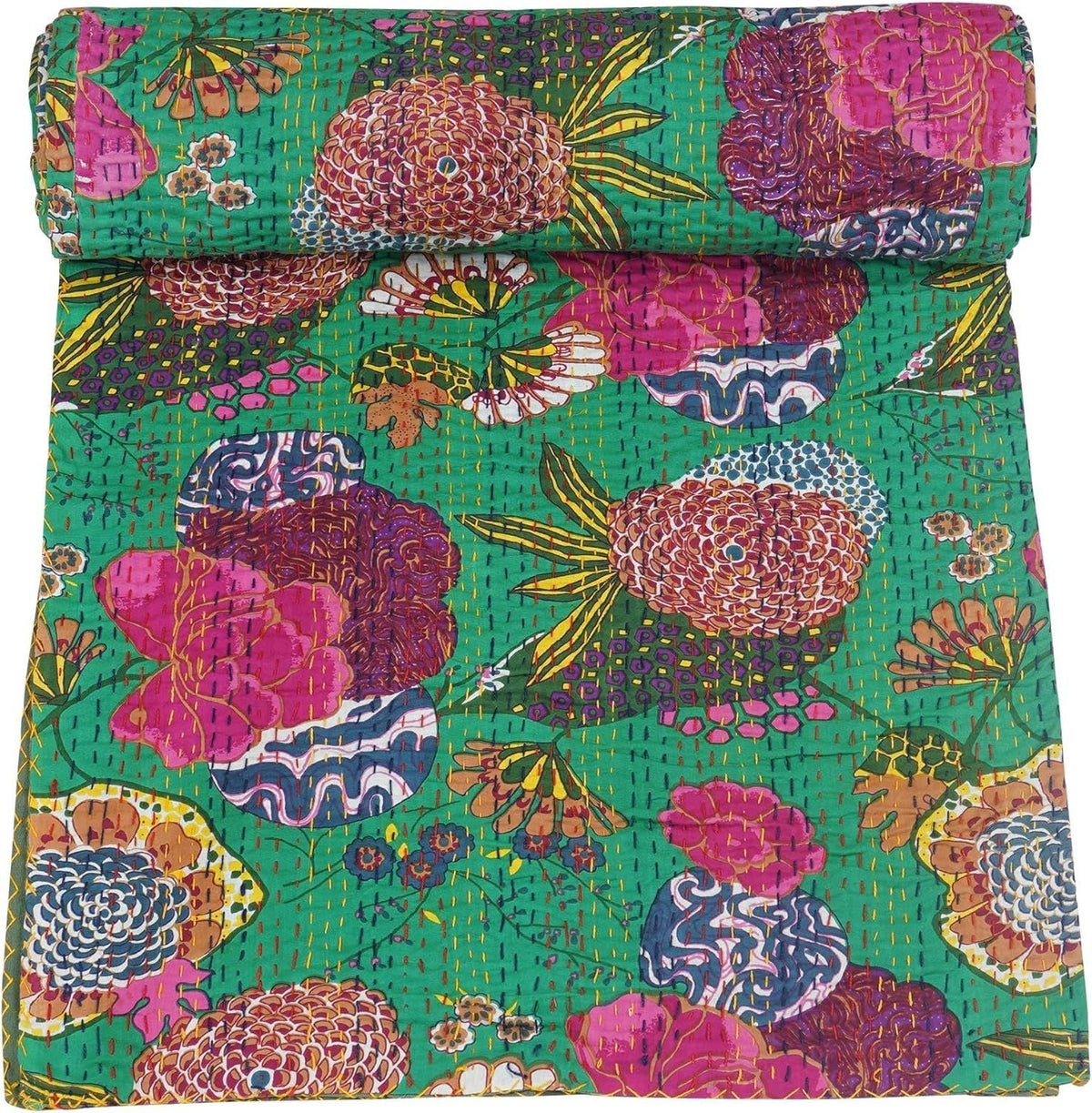 Green Fruit Print Kantha Quilt Handmade Cotton Bedspread | Floral Tropical Indian Blanket