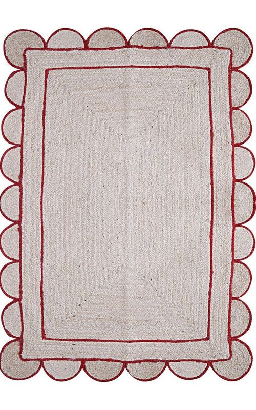 White Jute Rug with Red Border Scalloped Edge | Handwoven Rectangular Boho Carpet