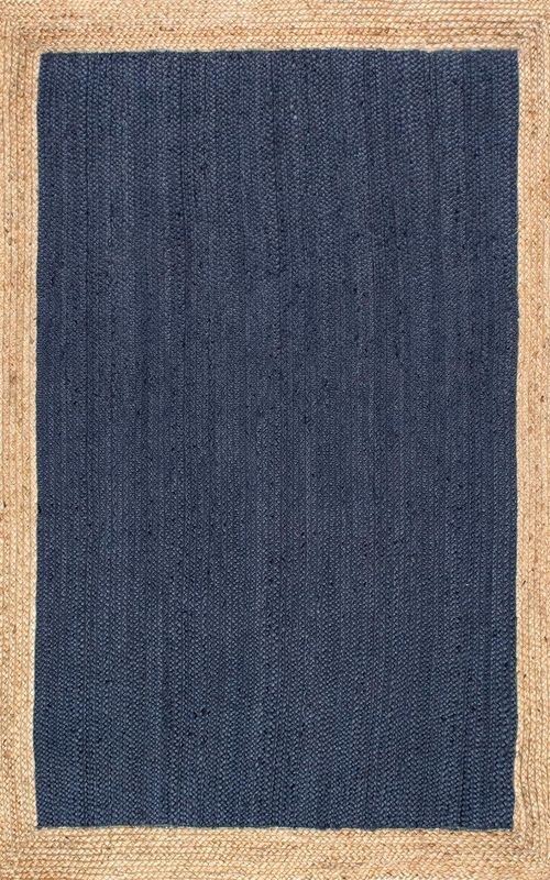 Handmade Braided Natural Jute Inner Blue With Natural Border Border Floor Area Runner Rug