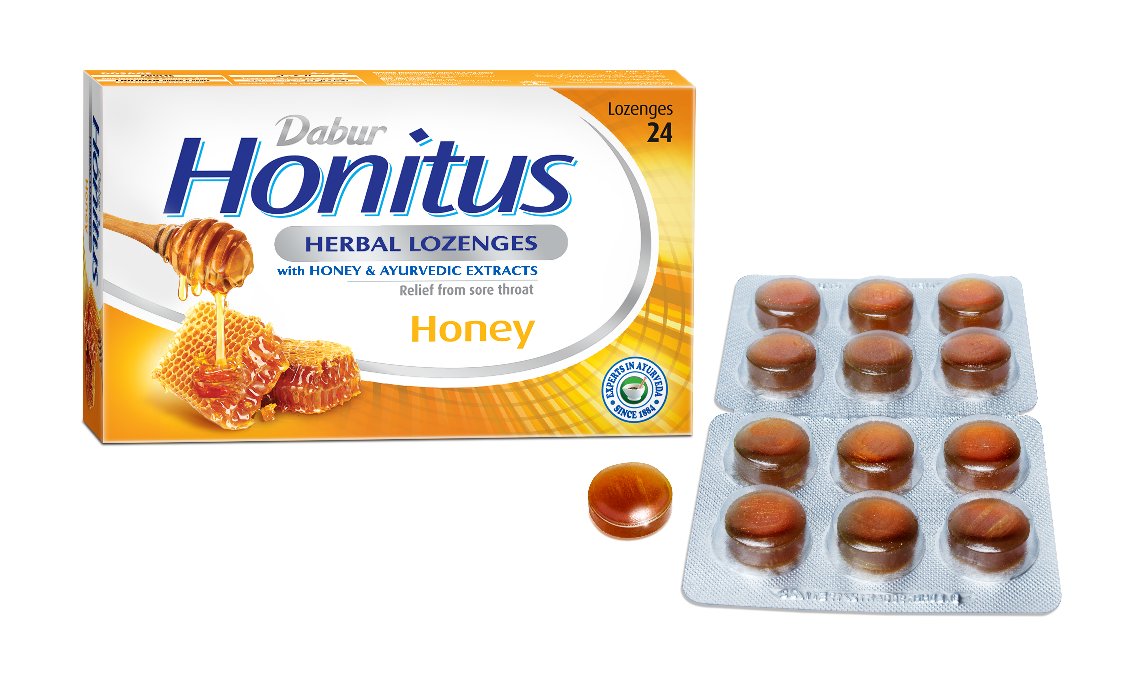 Dabur Honitus Herbal Lozenges-Honey, 24 Lozenges