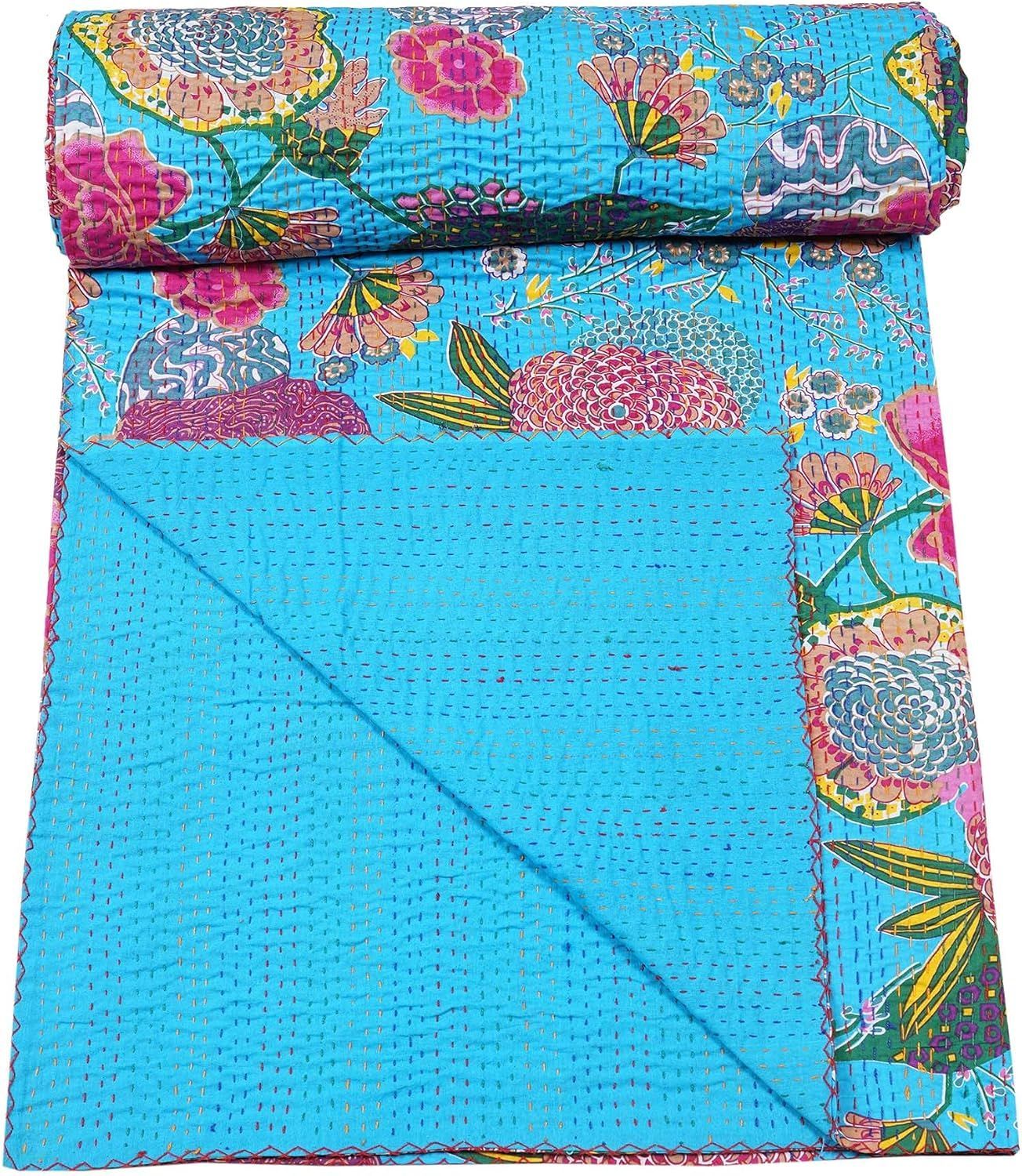 Turquoise Kantha Quilt – Handmade Floral Cotton Blanket | Boho Vintage Bedspread