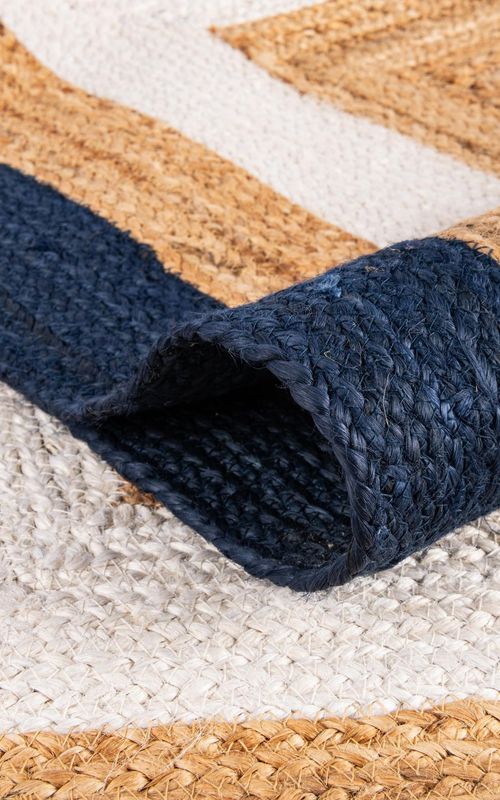Handmade Natural Jute Round Floor Area Rug with White & Navy Blue Rings | Handwoven Coastal Area Rug