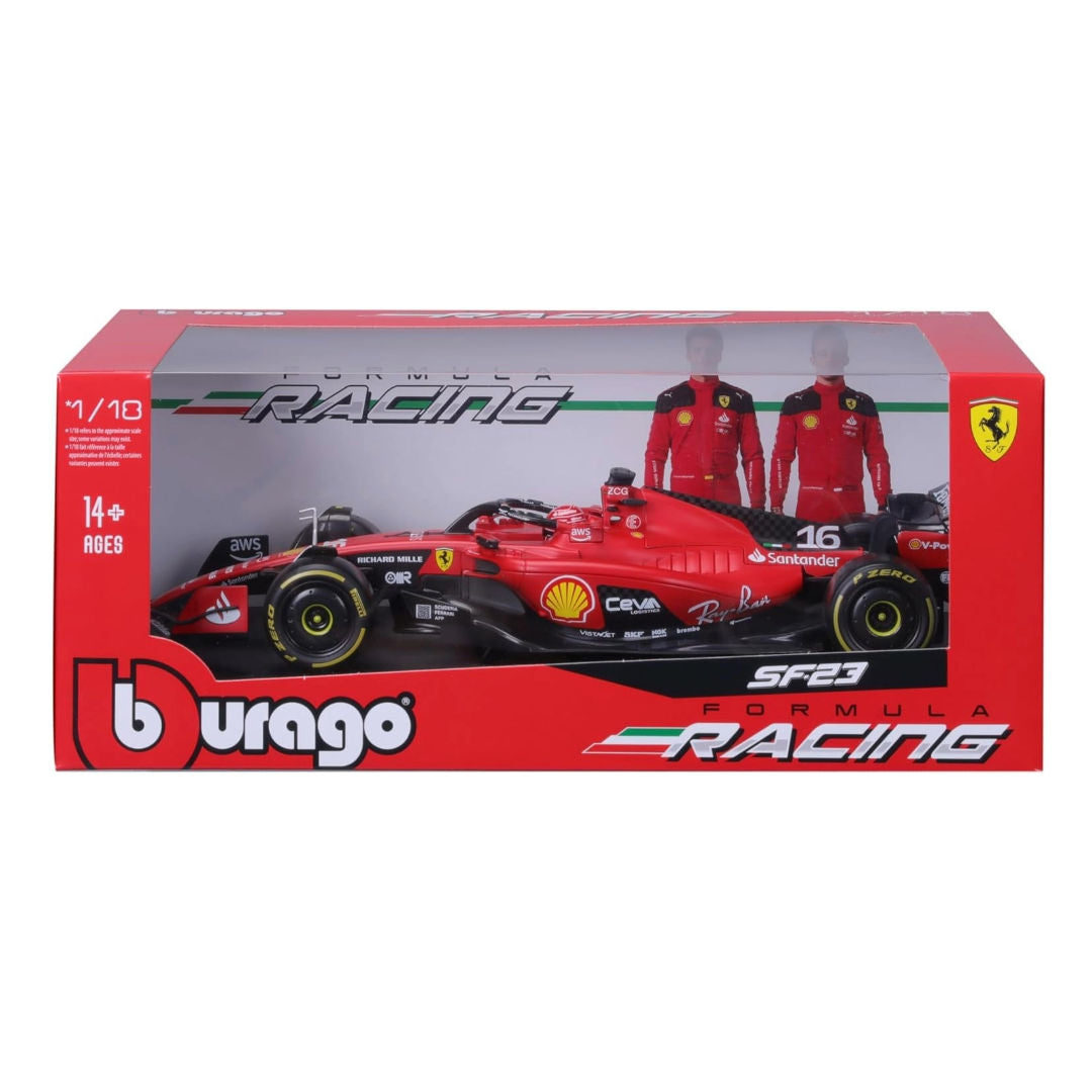 Bburago Formula 1, Racing Ferrari SF-23 #16, Charles Leclerc Die-Cast Car, Red, 1:18