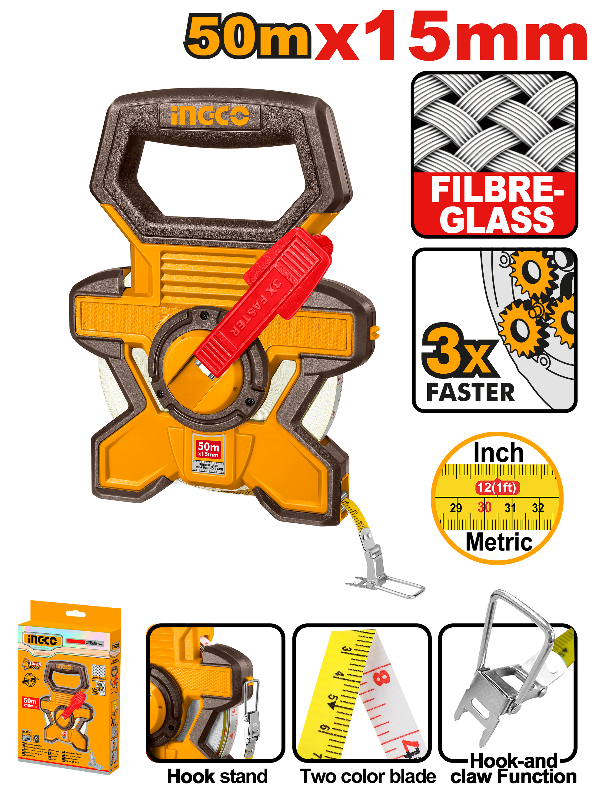 INGCO Fiberglass Measuring Tape 50M Professional Tape Measure