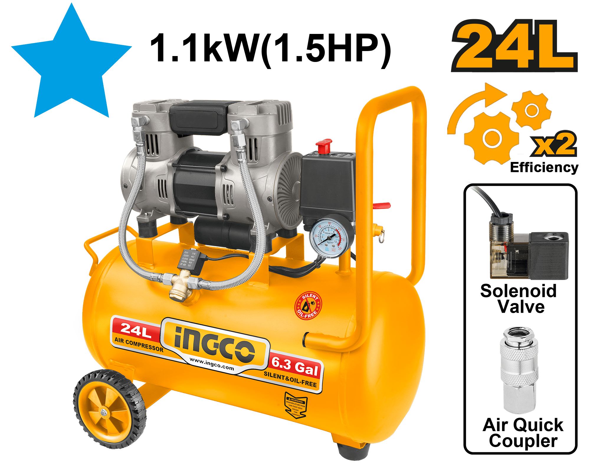 INGCO Air Compressor 25L 1.5HP Oil-Free Silent Air Compressor