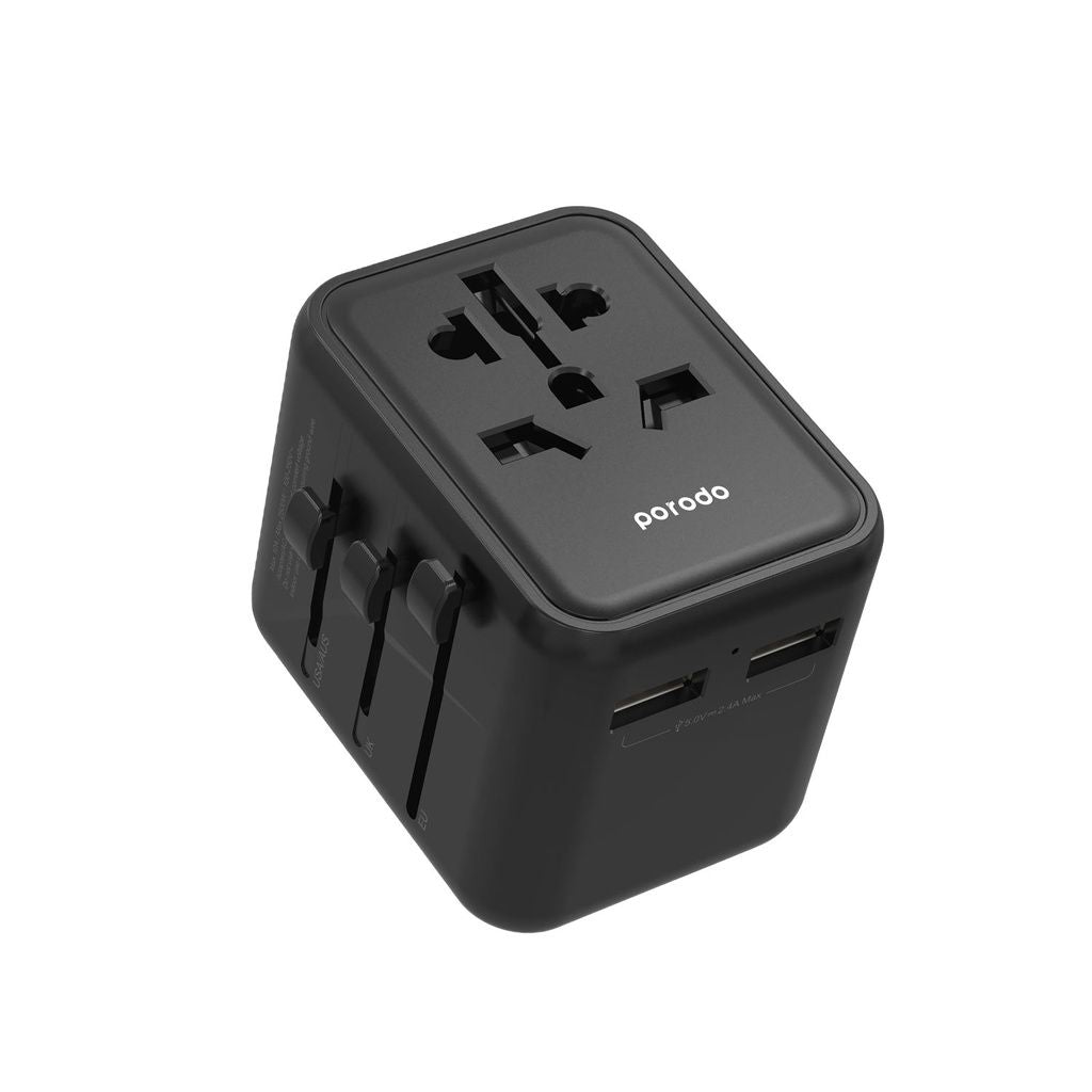 Porodo Dual USB-A Universal Travel Adapter 2.4A, PD-12WUTA-BK, Black