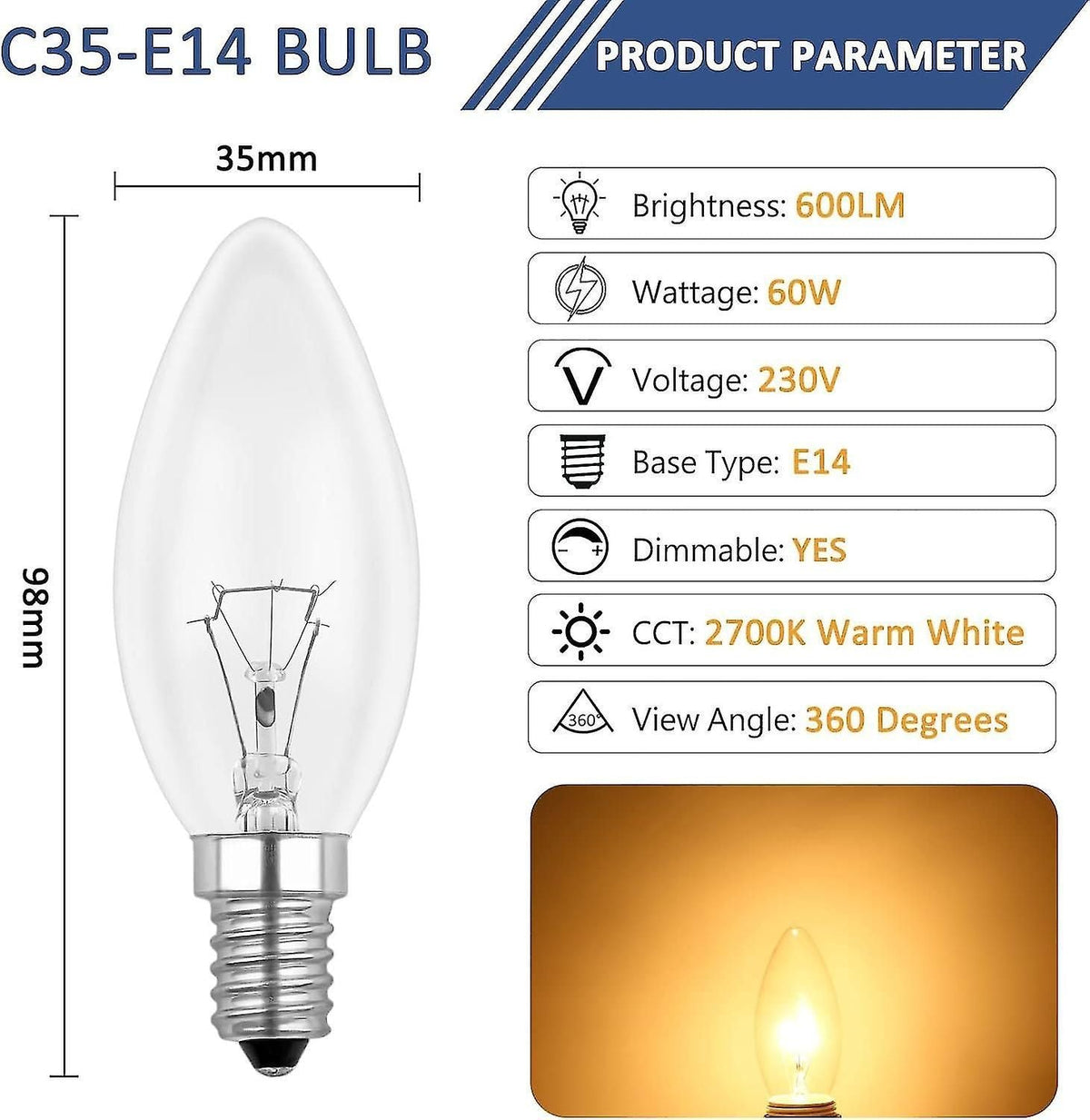 Incandescent Candle Bulb E14 60w 230v, E14 Flame Bulb, Dimmable Warm White 2700k, 600lm, C35 Transparent Bulb, For Chandelier, Desk Lamp, Pack Of 6
