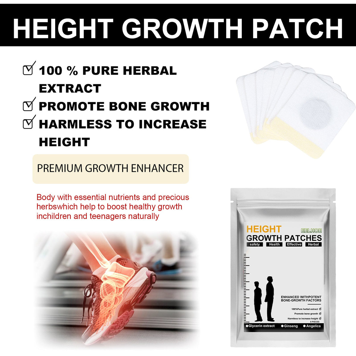 Abet Growth Enhancer, Natural Foot Patch for Height Boost, Bone & Blood Circulation ,8pcs