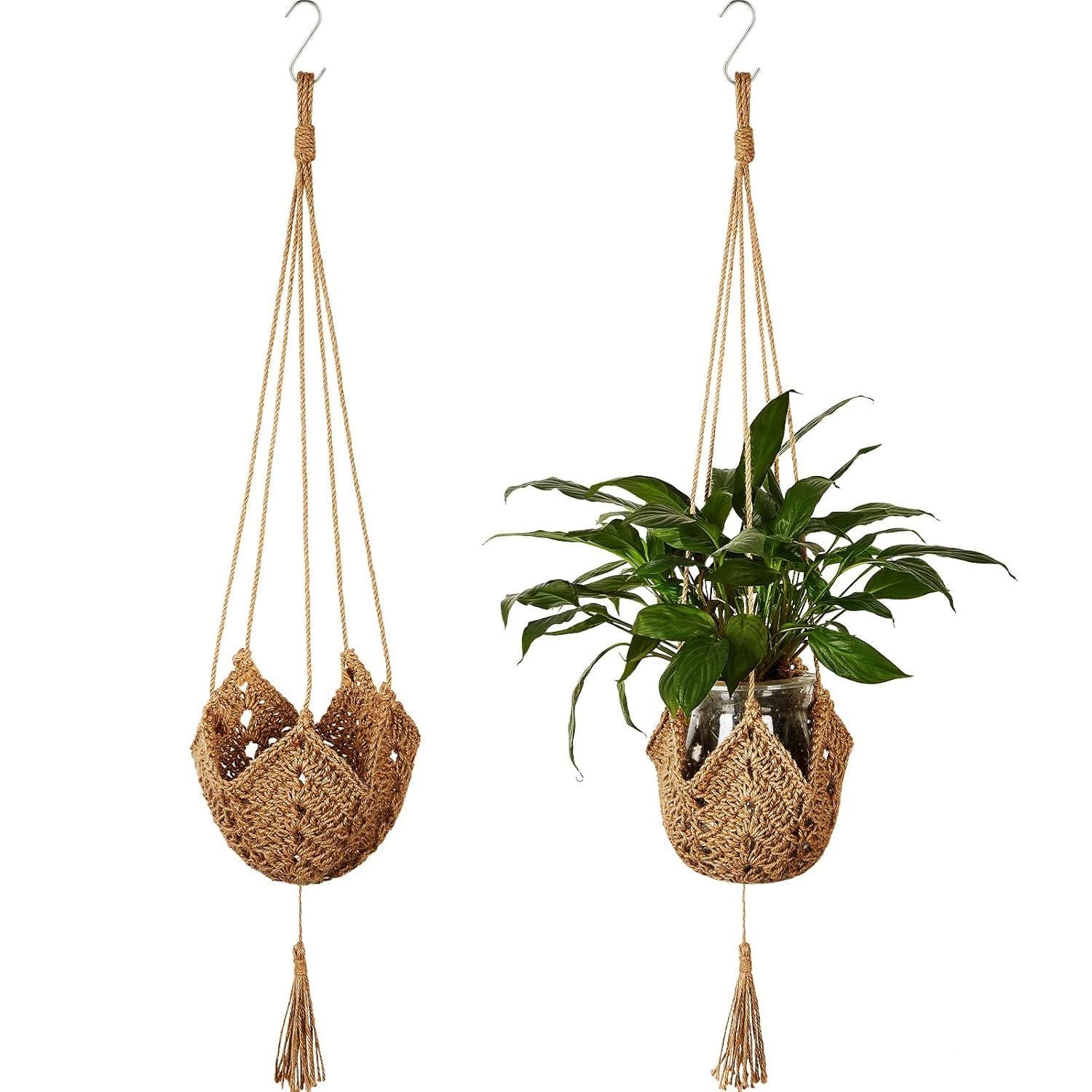 Macrame Plant Hangers Set of 2, Handwoven Cotton and Jute with Tassels, Indoor Hanging Planters for Home Decor, Storage Baskets