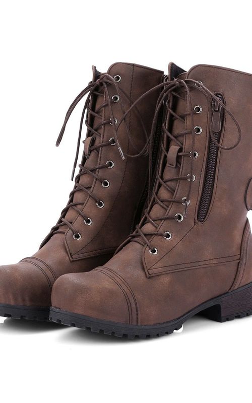 Women Round Toe Boots Buckle Zipper Lace Up Shoes Chunky Heel Mid Calf Riding Boots