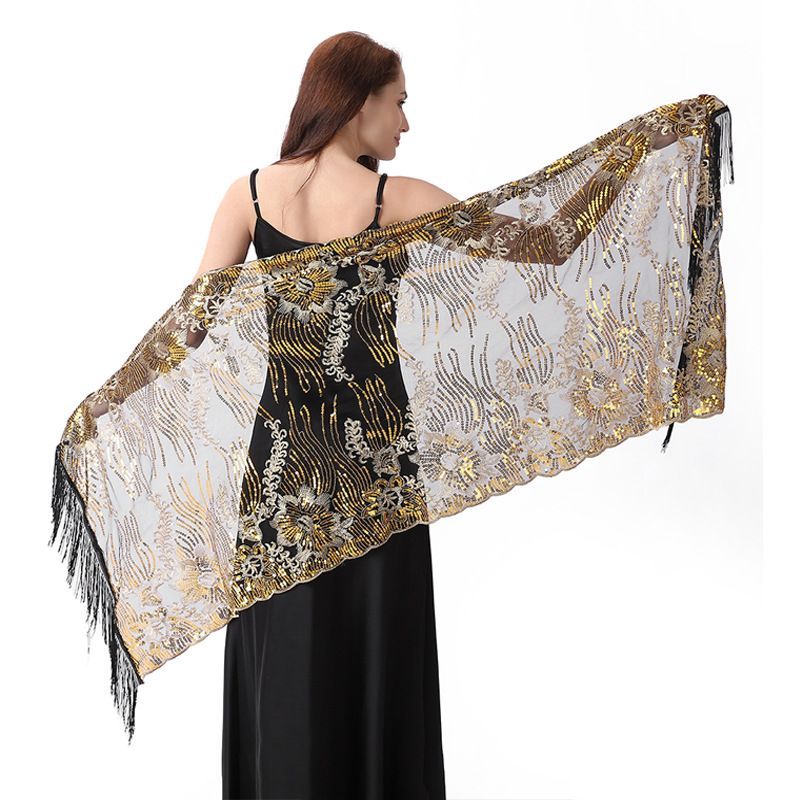 Black Gold Sequin Embroidered Shawl Cape for Women Evening Dress