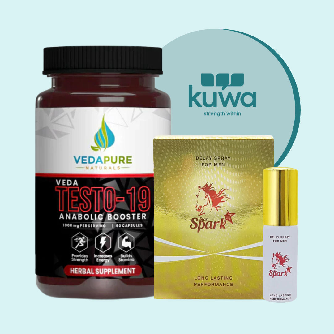Vedapure Testosterone Booster Tribulus Safed Shilajit 60 Capsules and Star Spark Delay Spray for men 12 ml Combo