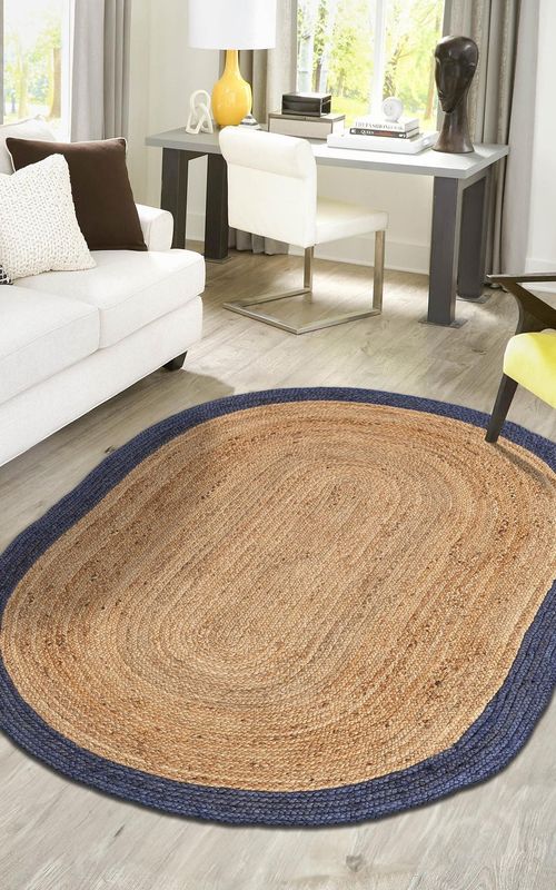 Natural Jute Oval Rug with Navy Blue Border | Hand-Woven Coastal Farmhouse Area Rug