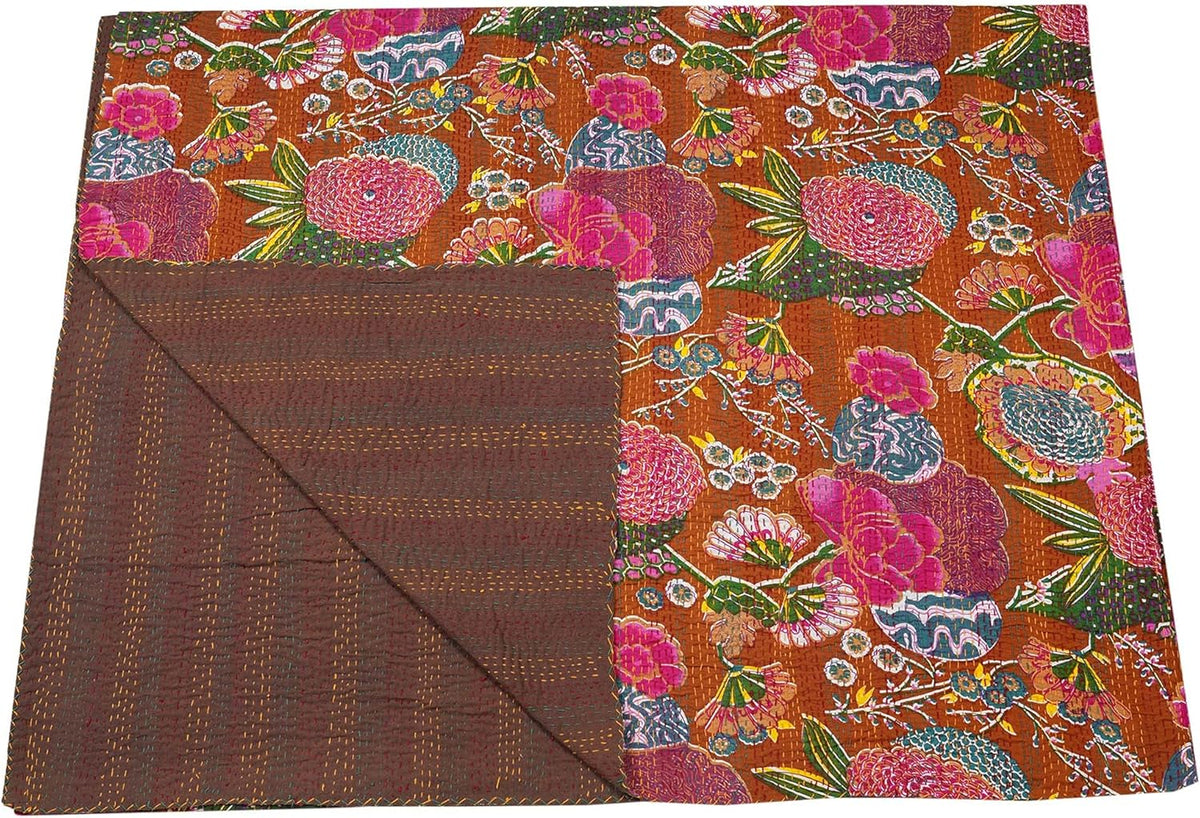 Handmade Brown Kantha Quilt – Floral Cotton Bedspread | Vintage Indian Kantha Blanket