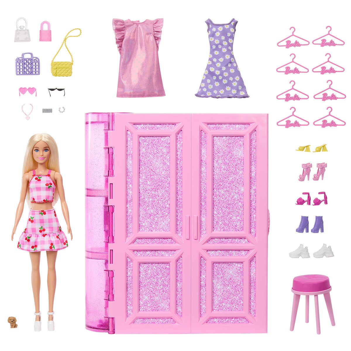Barbie Dream Wardrobe Playset with Blonde Fashion Doll, 25+ Pieces, 3 Complete Looks, Model HXD58