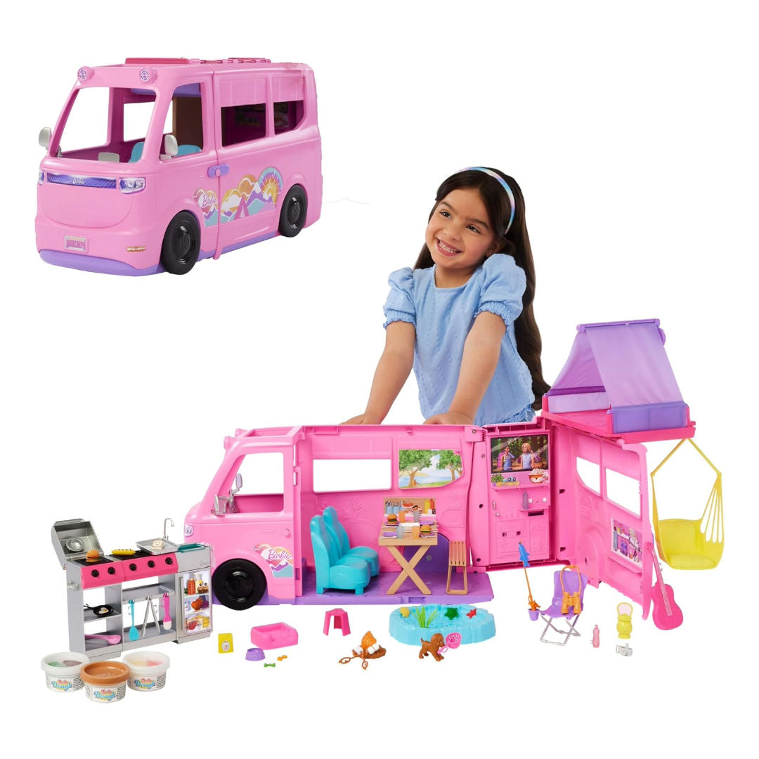 Barbie Dream Camper Playset, Roof Tent, Swing Chair, Fishing Pond, BBQ Grill with Color-Change & 60+ Accessories Model HRJ78
