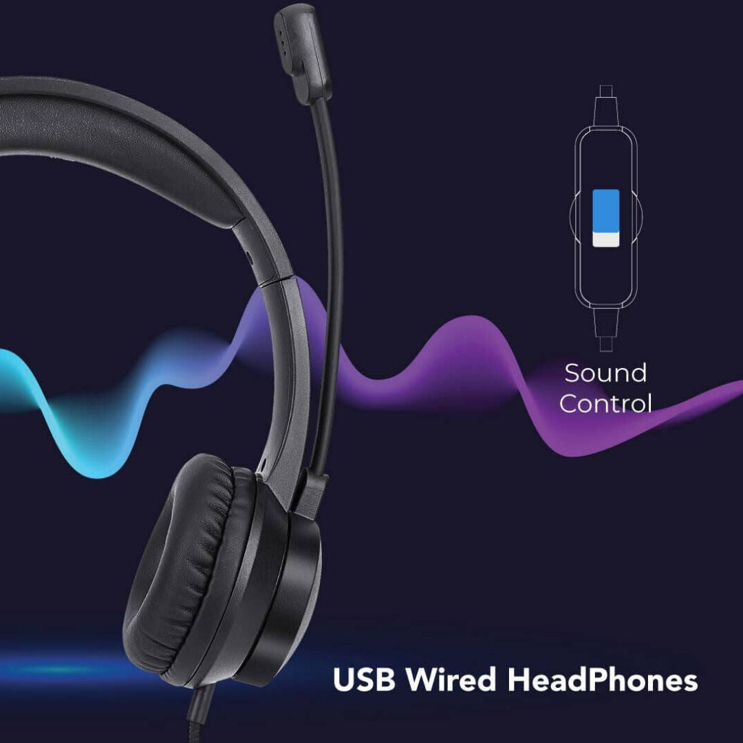 Blupebble Pulse S100 USB Wired Headset, Dual USB-C & USB-A Connectivity, Sound Control, Black