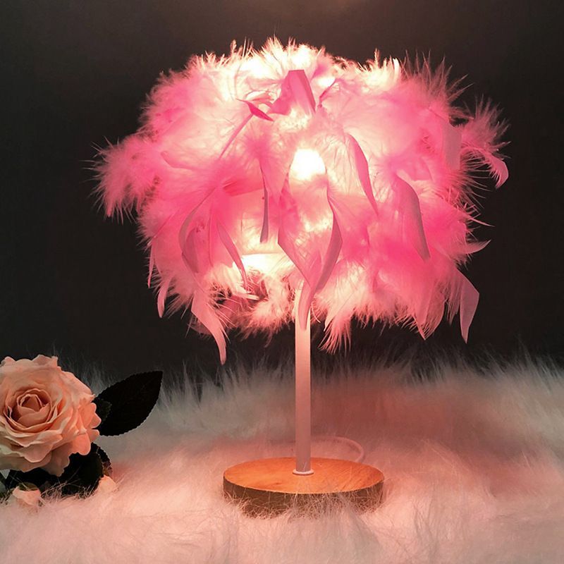 Nordic White Feather Table Lamp with Wooden Base
