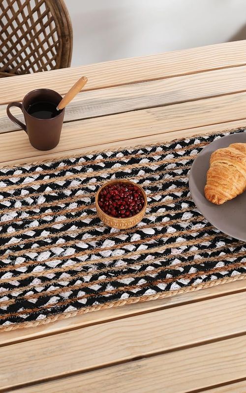 Indian Handmade Natural Jute With Black and White Cotton Dining Table Runner