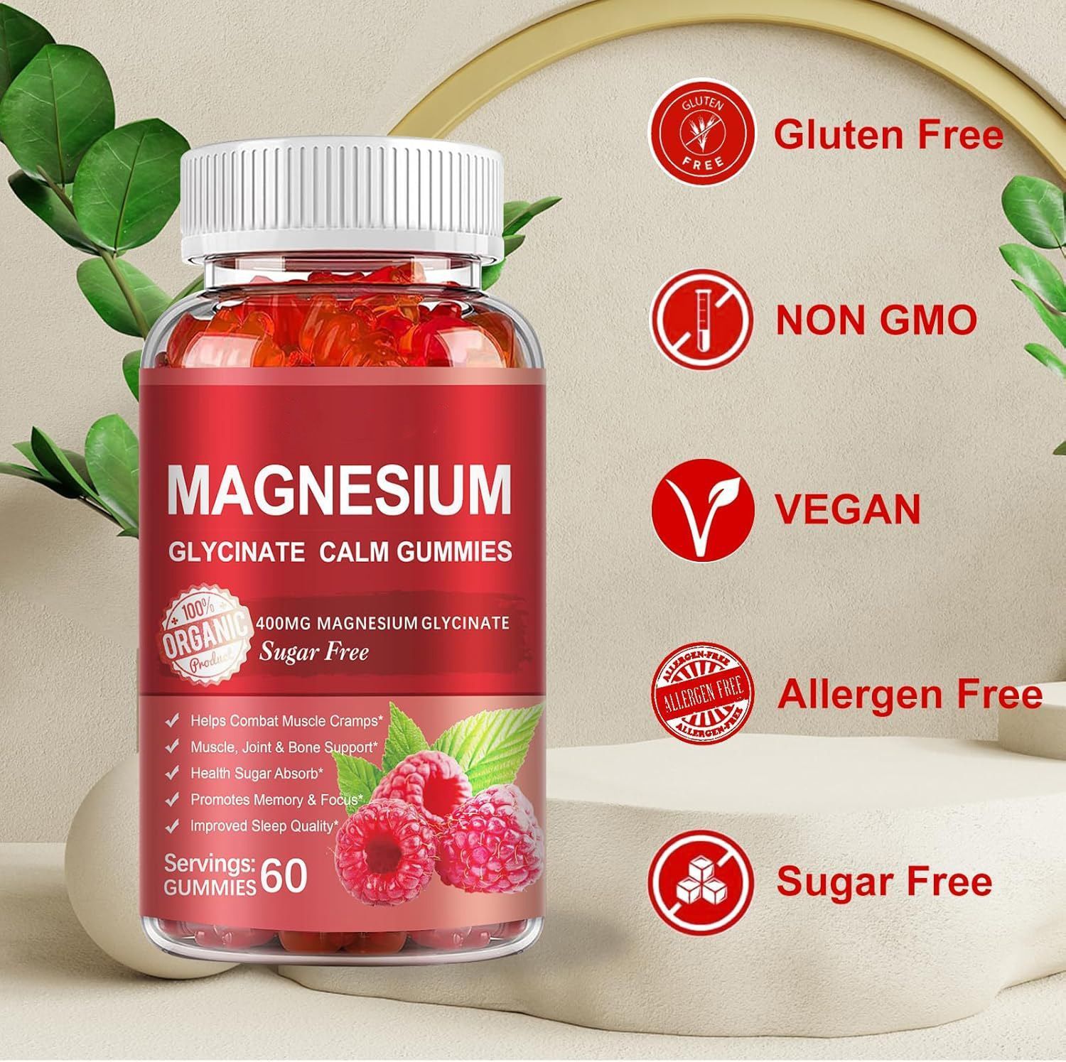 Sugar Free Magnesium Glycinate Calm Gummies, Raspberry Flavor Daily Mineral Dietary Supplement 60 Count