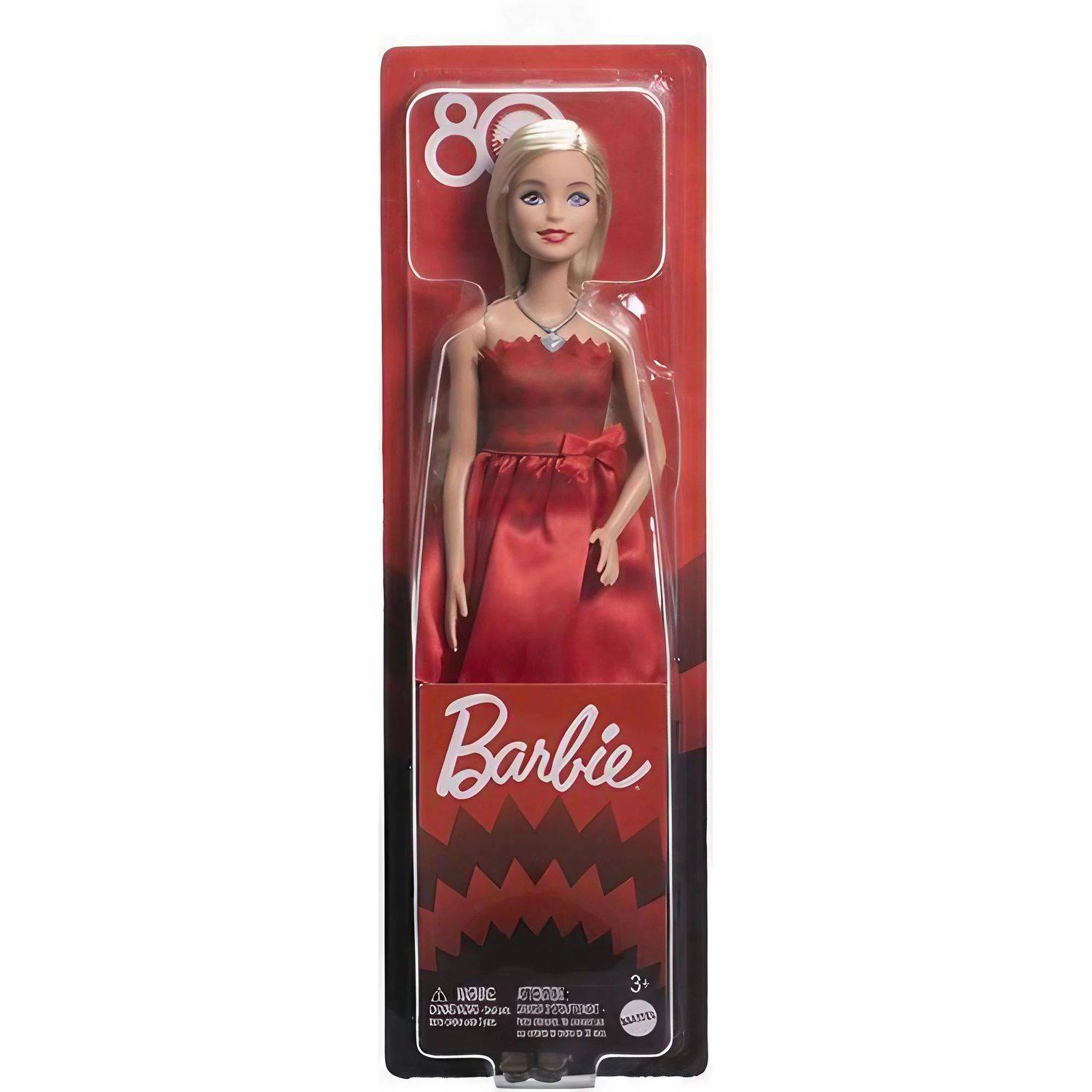Barbie Mattel 80th Anniversary Ruby-Red Celebration Blonde Fashion Doll, Red Dress with Silver Shoes & Necklace