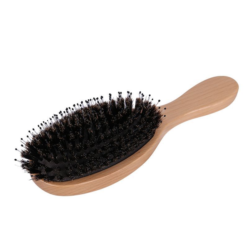 Wooden Boar Bristle Paddle Hair Brush with Massage Cushion