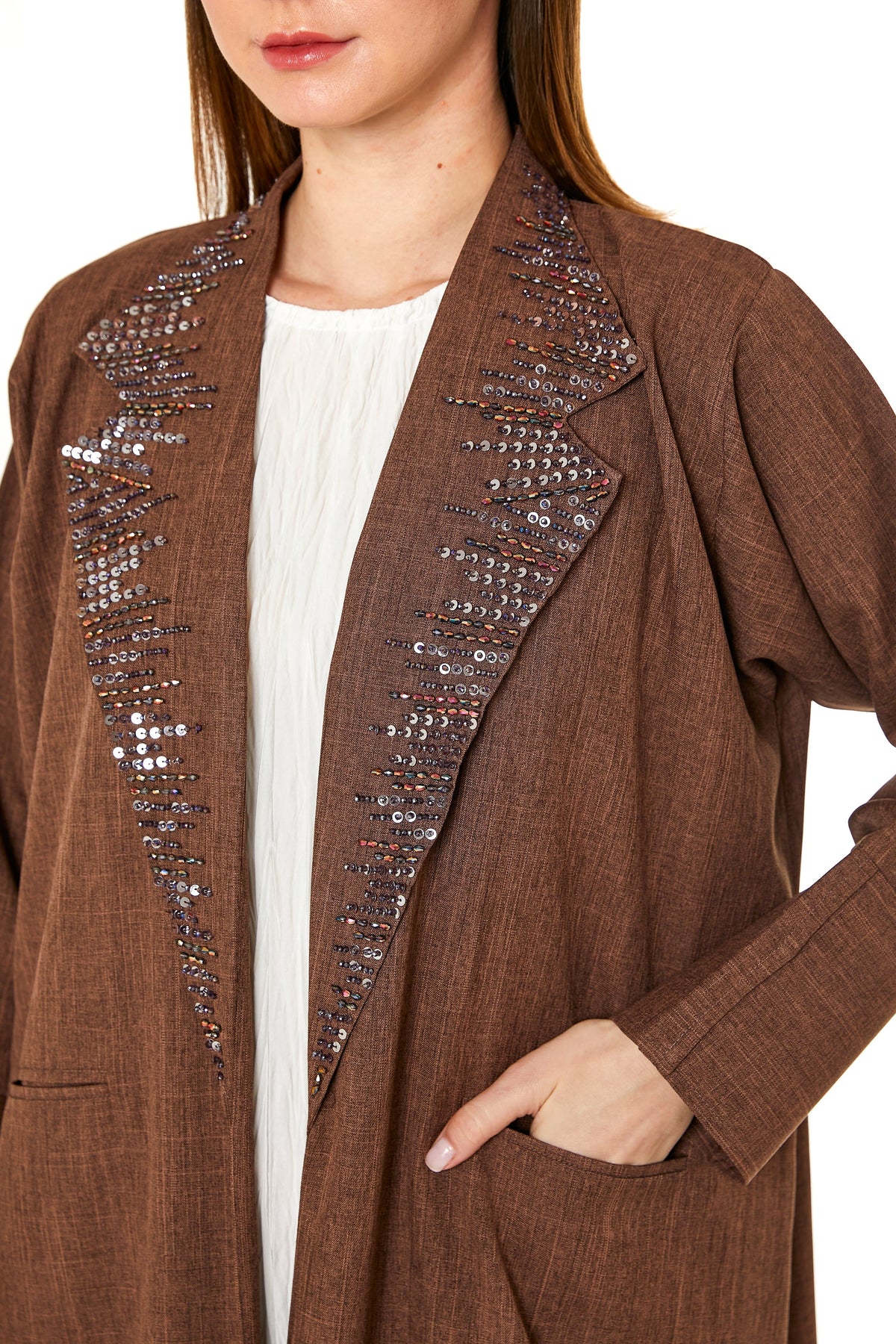MOiSTREET Brown Melange Hand Embellished Abaya