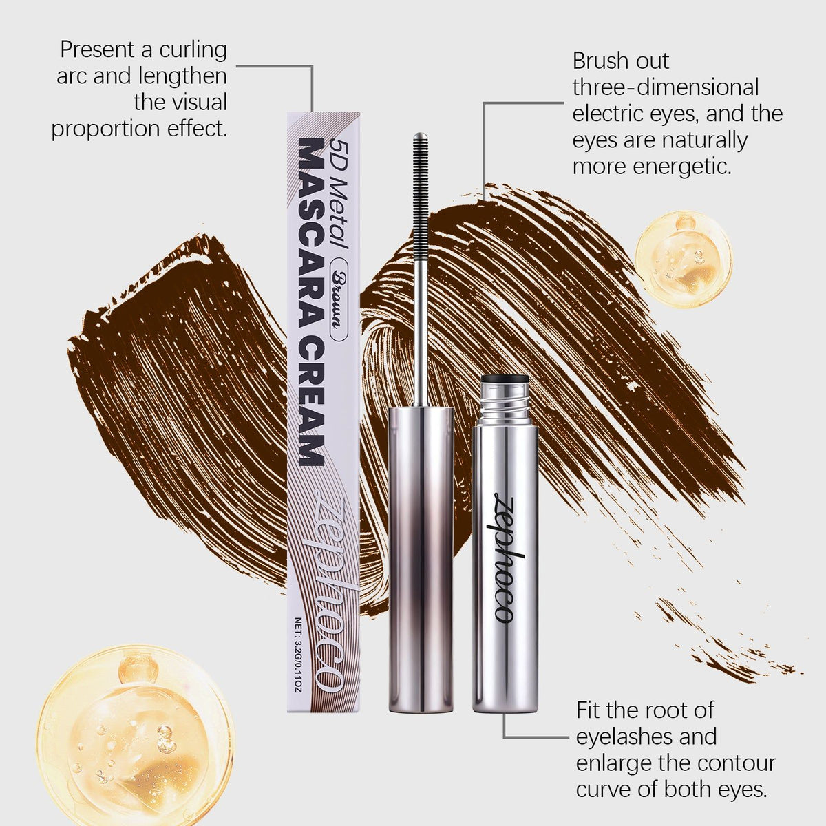 Brown Mascara, Light, Smudge-Proof, Natural Eye Makeup, Voluminous Lashes ,3.2g