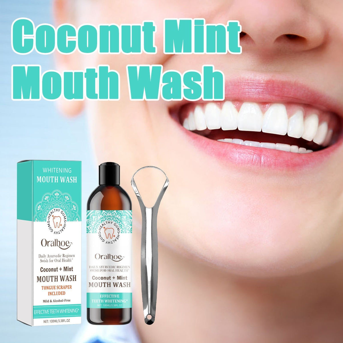 Coconut Mint Mouth Wash, Natural Oral Cleaning, Fresh Breath, Whitening Teeth ,1set