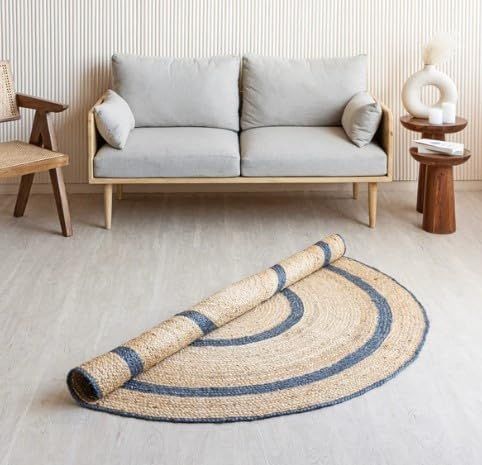 Oval Jute Rug with Double Blue Border | Handmade Natural Fiber Area Rug for Living Room
