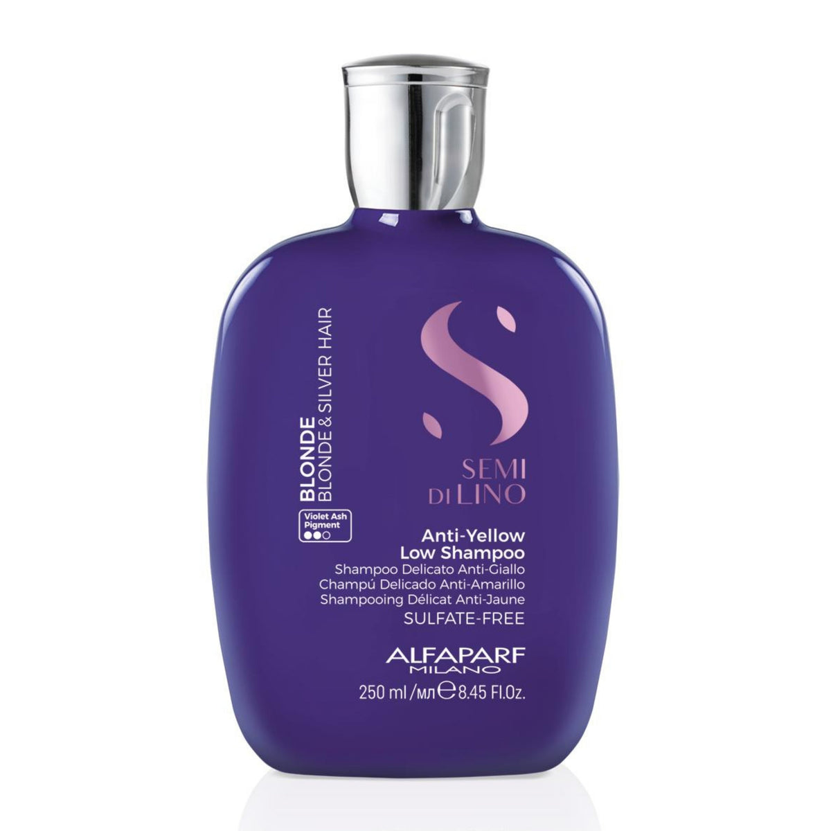Alfaparf Milano Semi di Lino Blonde Anti-Yellow Low Shampoo for Blonde, Platinum and Silver Hair - Sulfate Free Purple Shampoo - Removes Yellow and Brassy Tones - Corrects Brassiness 250 ml
