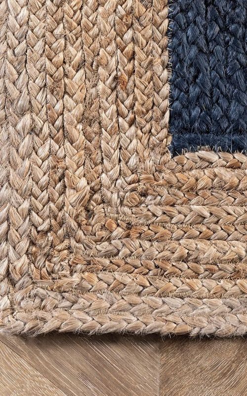 Handmade Braided Natural Jute Inner Blue With Natural Border Border Floor Area Runner Rug