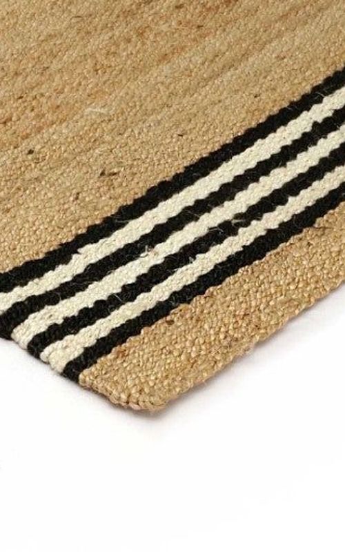 Handmade Beige Natural Jute Rug with Black & White Striped Border