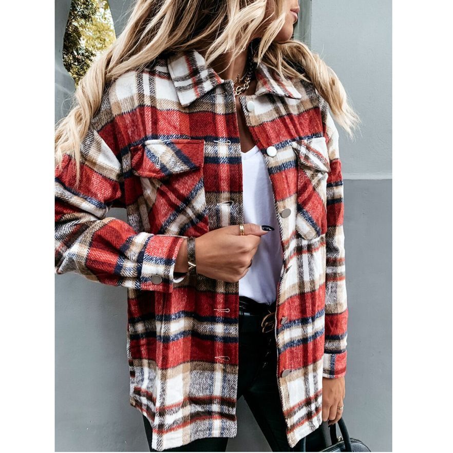 Women's Autumn And Winter Retro Long-Sleeve Collared Plaid Shirt Jacket