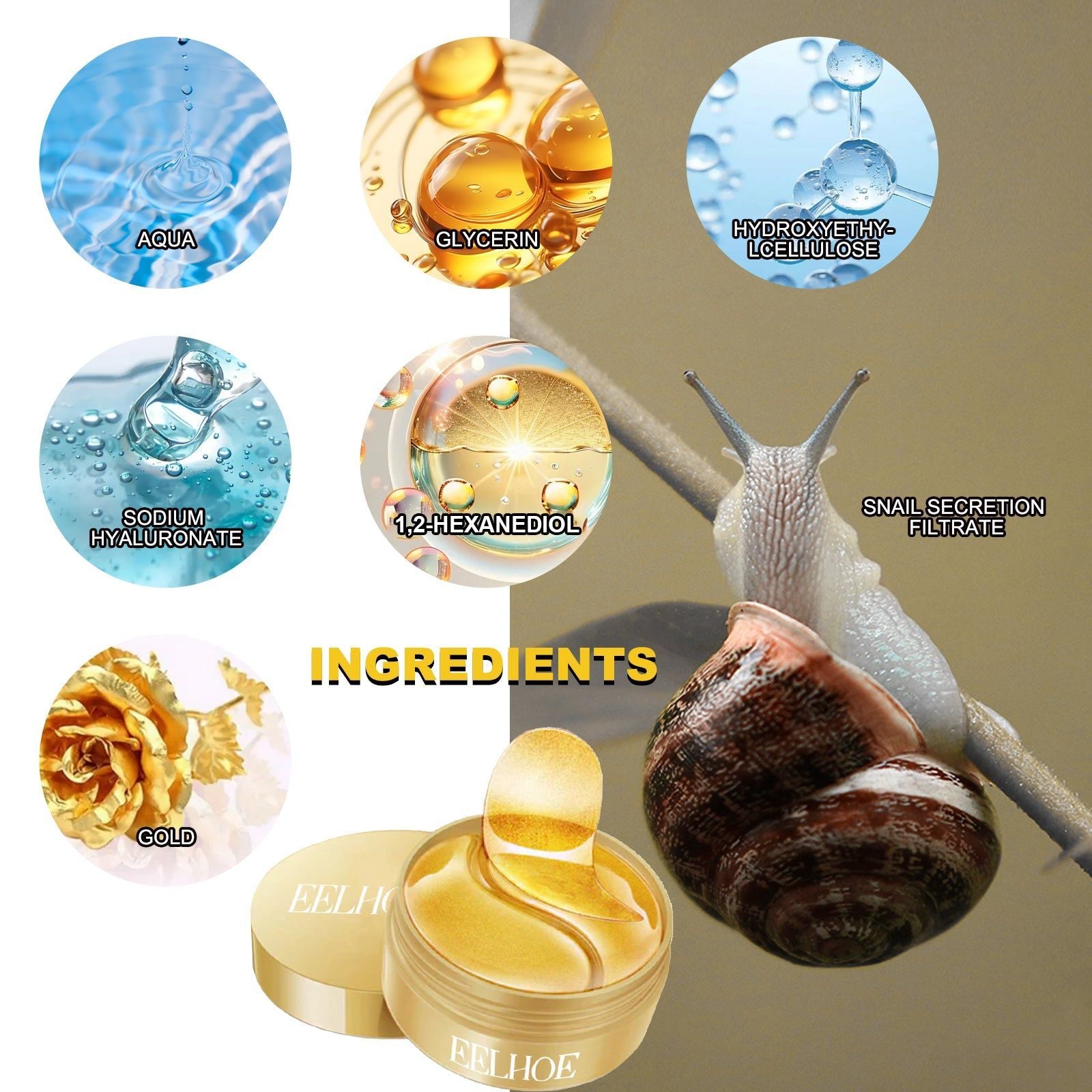 24K Gold Snail Eye Patches, Lift and Tighten Skin, Reduce Wrinkles, Brighten Eyes ,60pcs