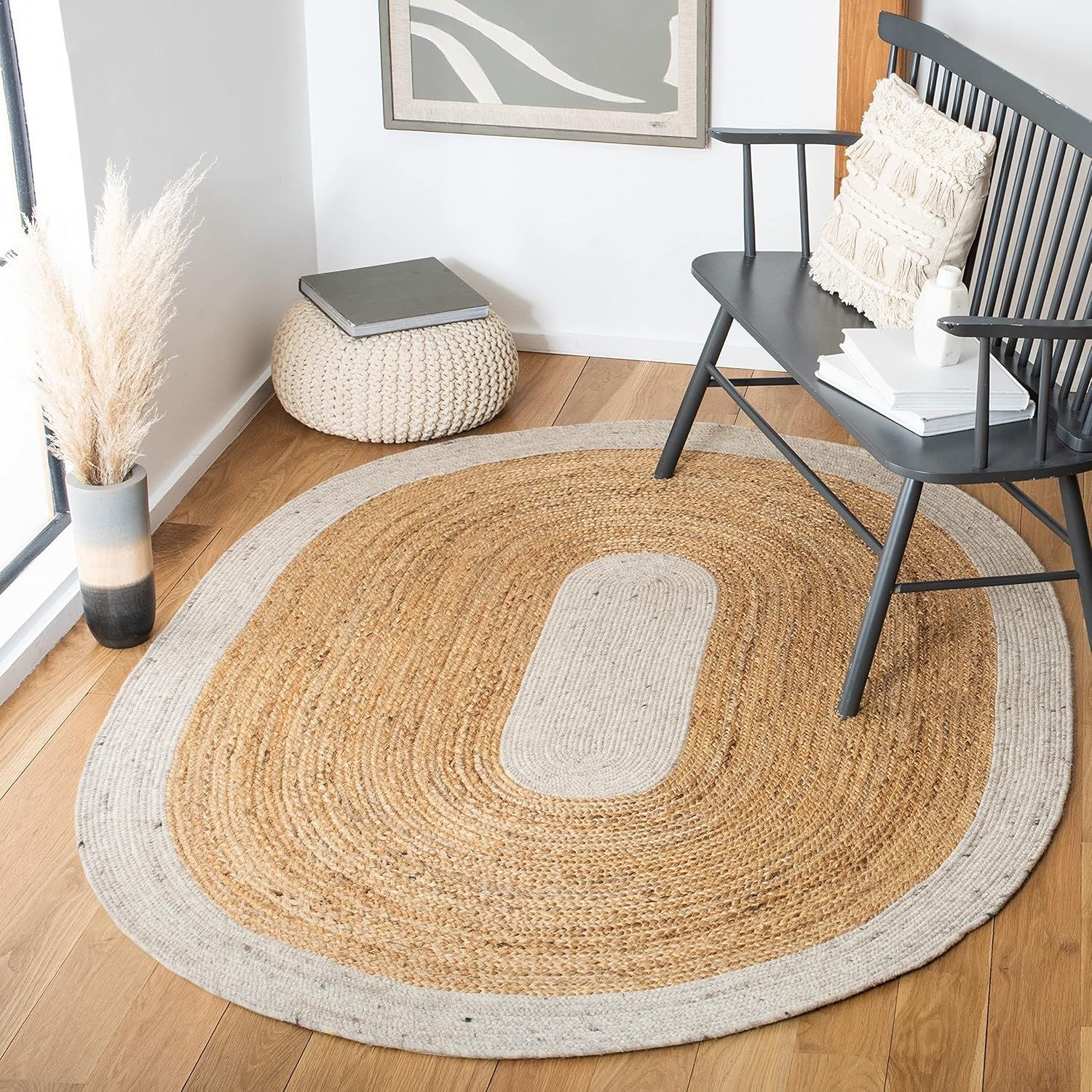 Oval Jute Rug with Contrast Border | Handmade Natural Fiber Area Rug (Multi-Color Border Options)