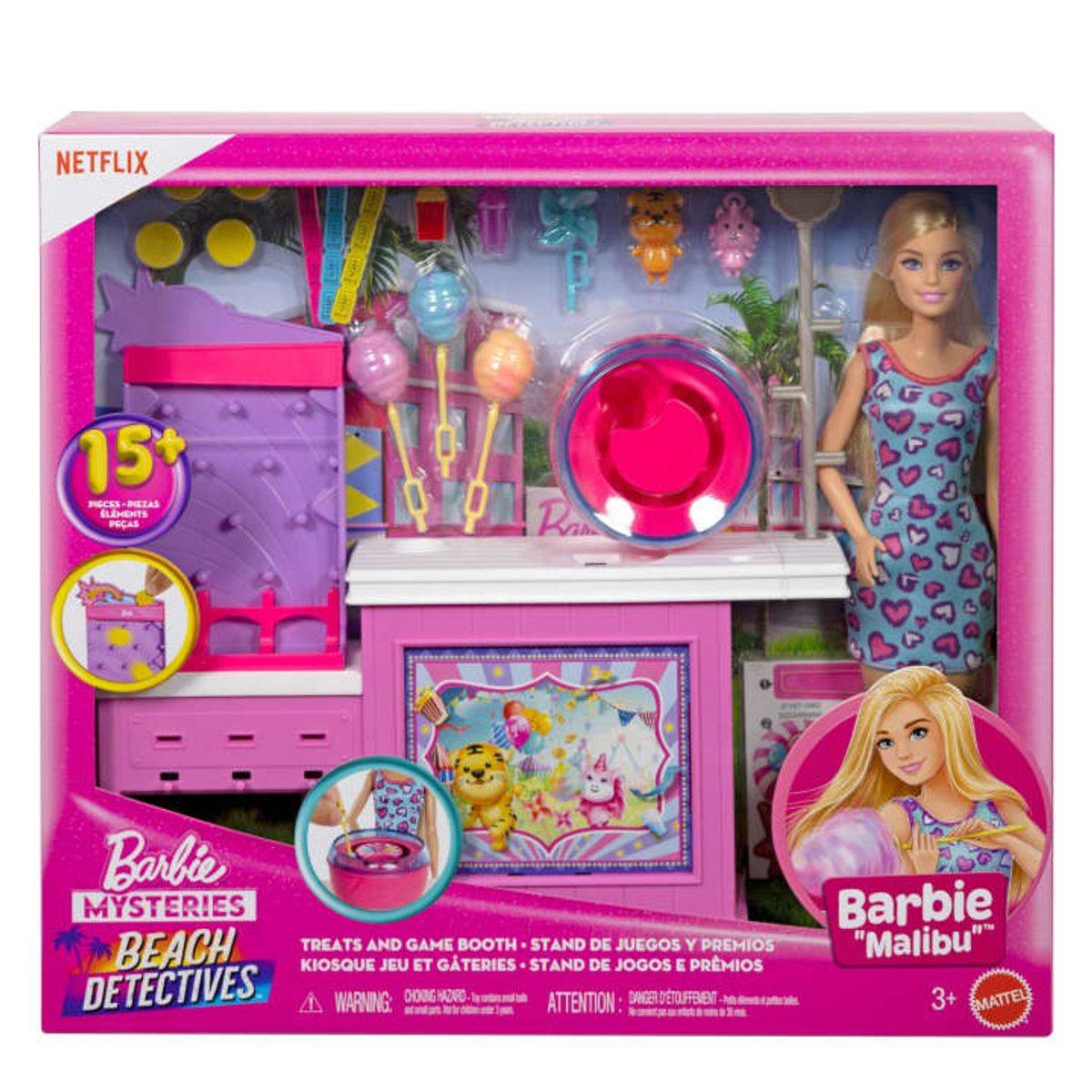 Barbie Mysteries, Beach Detectives Malibu Doll & Cotton Candy Game Booth Playset, 20+ Accessories with Prizes