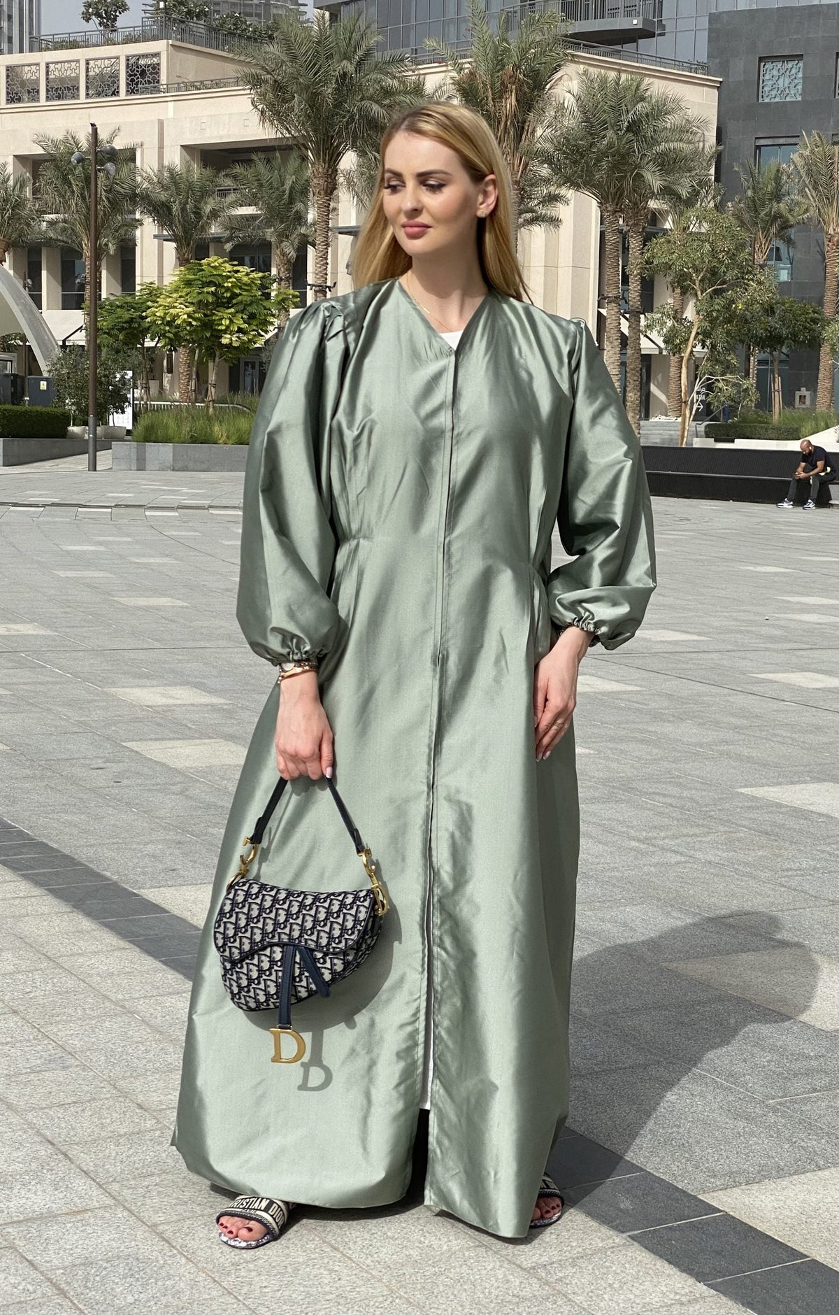 MOiSTREET Green Victoria Satin Abaya Set with Under Dress & Sheila